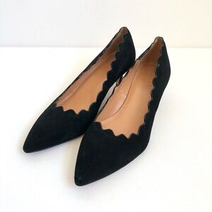J. Crew Factory Black Suede Scalloped Edge Pointed Toe Kitten Heels Size 6.5